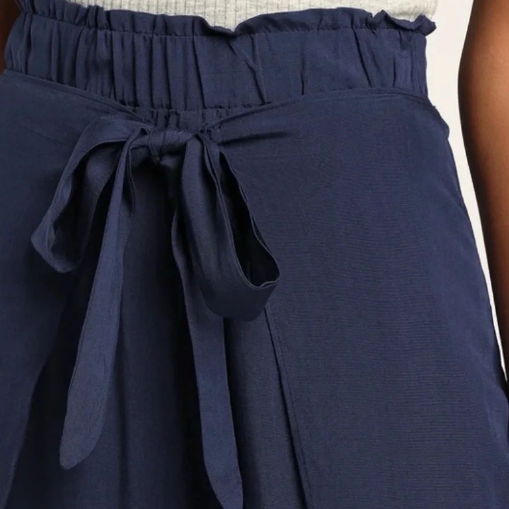 Lulus Always Here For You Navy Blue Tie Front Wide Leg Pants Pull On Ankle XS - Picture 3 of 11